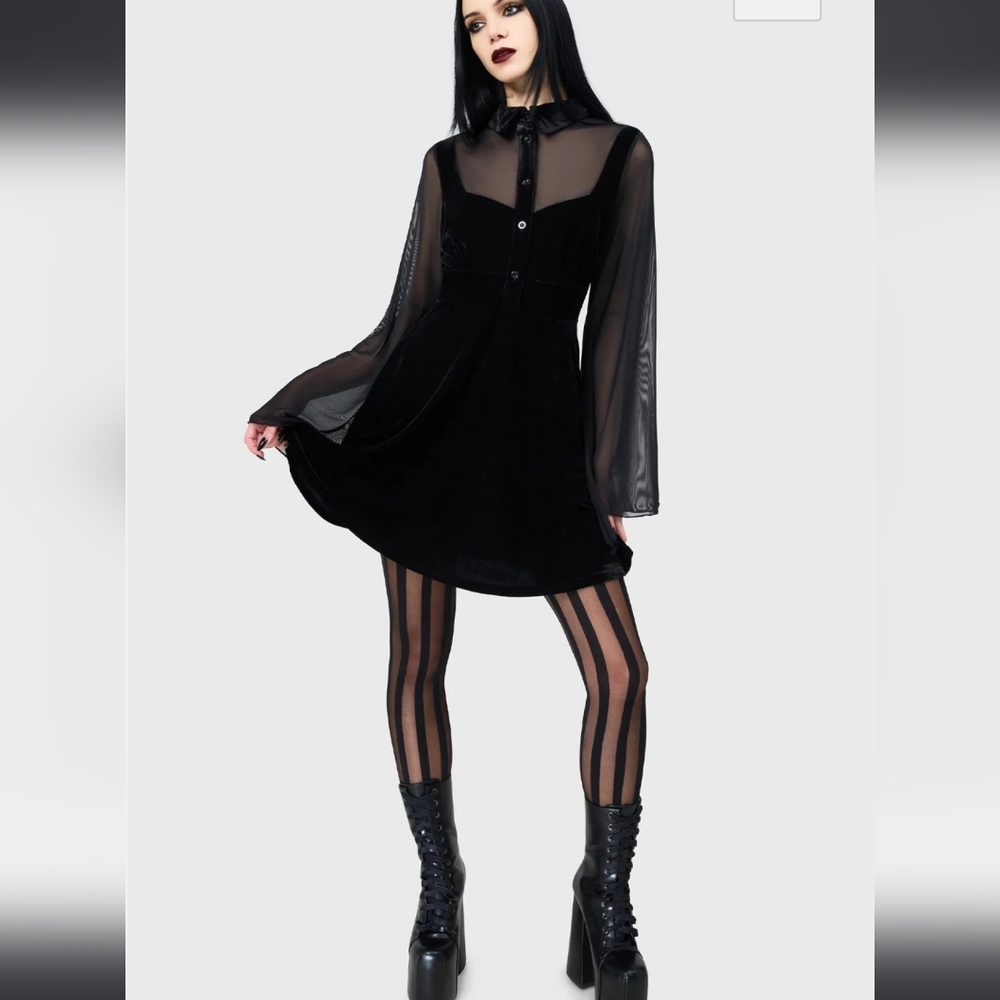 Killstar Black Dress with Sheer Long Sleeves - Picture 3 of 5